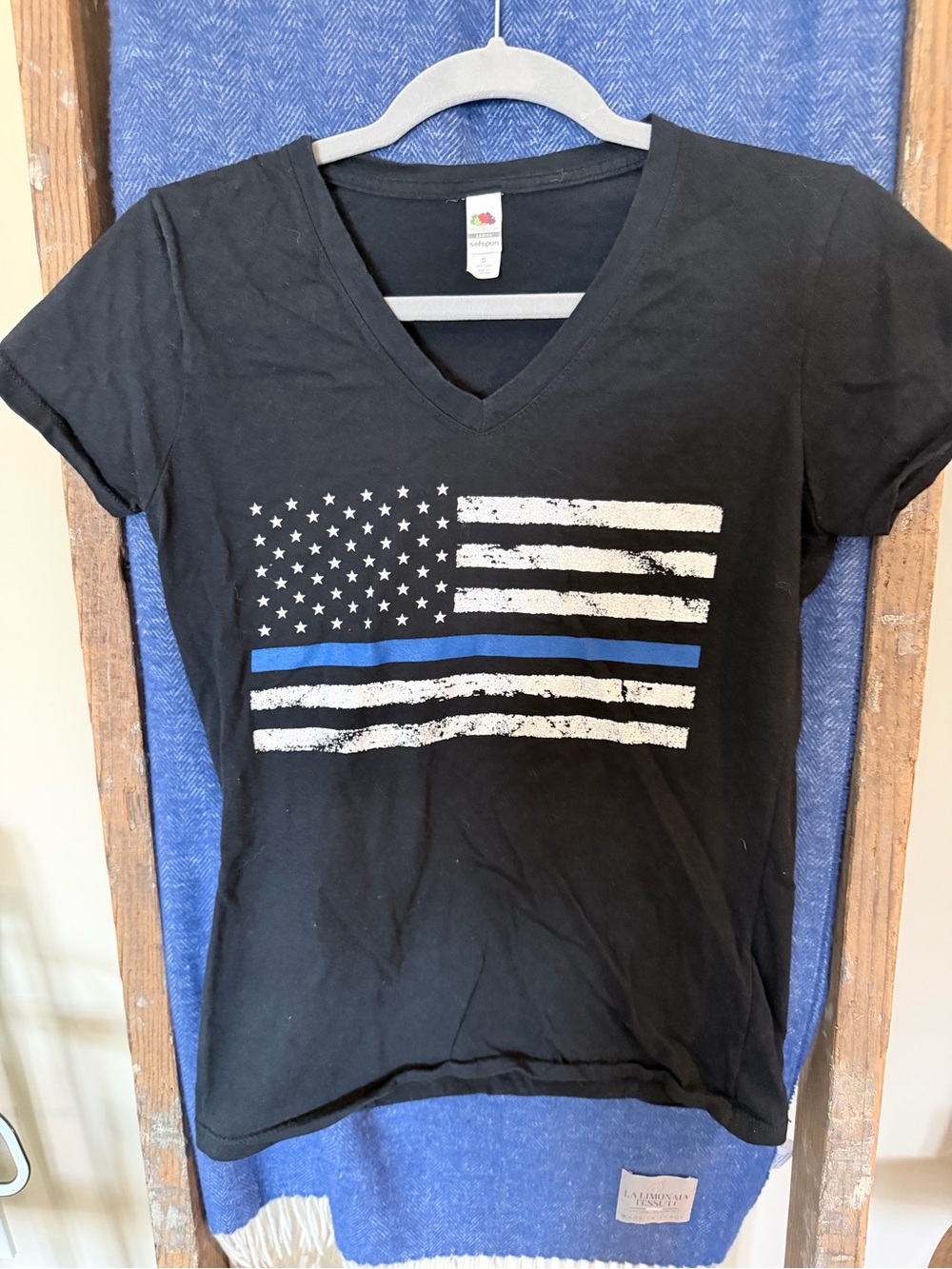 Fruit of the Loom Black V-Neck Tee with Thin Blue Line Flag